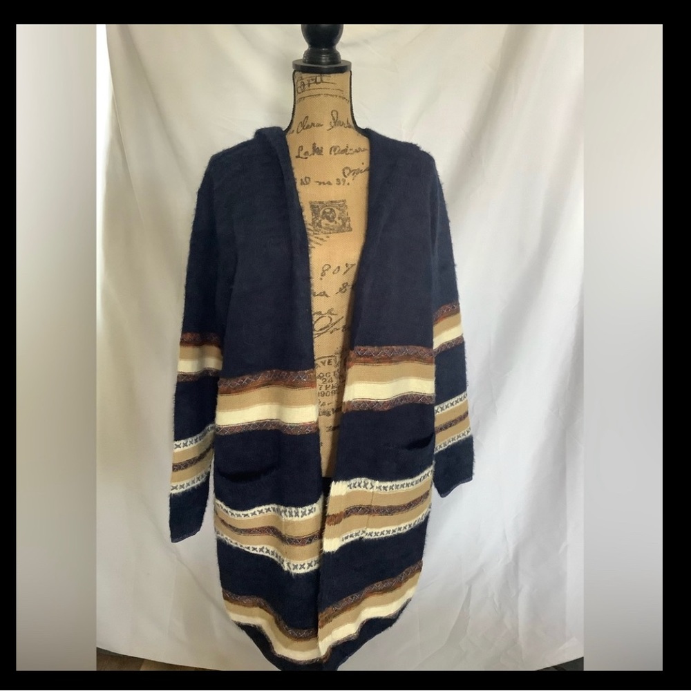 Fate 2XL dark blue, striped, hooded, open sweater with pockets